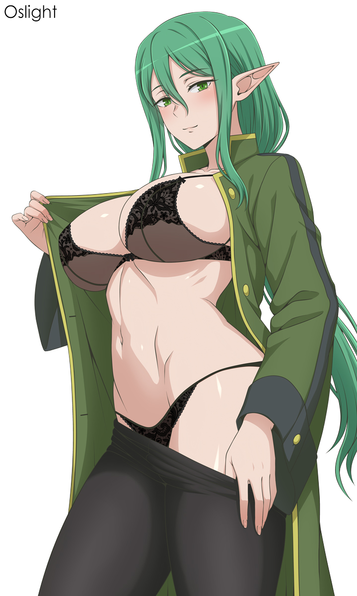 oslight, riveria ljos alf, dungeon ni deai wo motomeru no wa machigatteiru darou ka, commentary, highres, 1girl, artist name, black bra, black panties, black pants, bra, breasts, closed mouth, clothes pull, elf, green eyes, green hair, green jacket, hair between eyes, jacket, large breasts, long hair, long sleeves, looking at viewer, panties, pants, pants pull, pointy ears, pulling own clothes, smile, solo, underwear, undressing