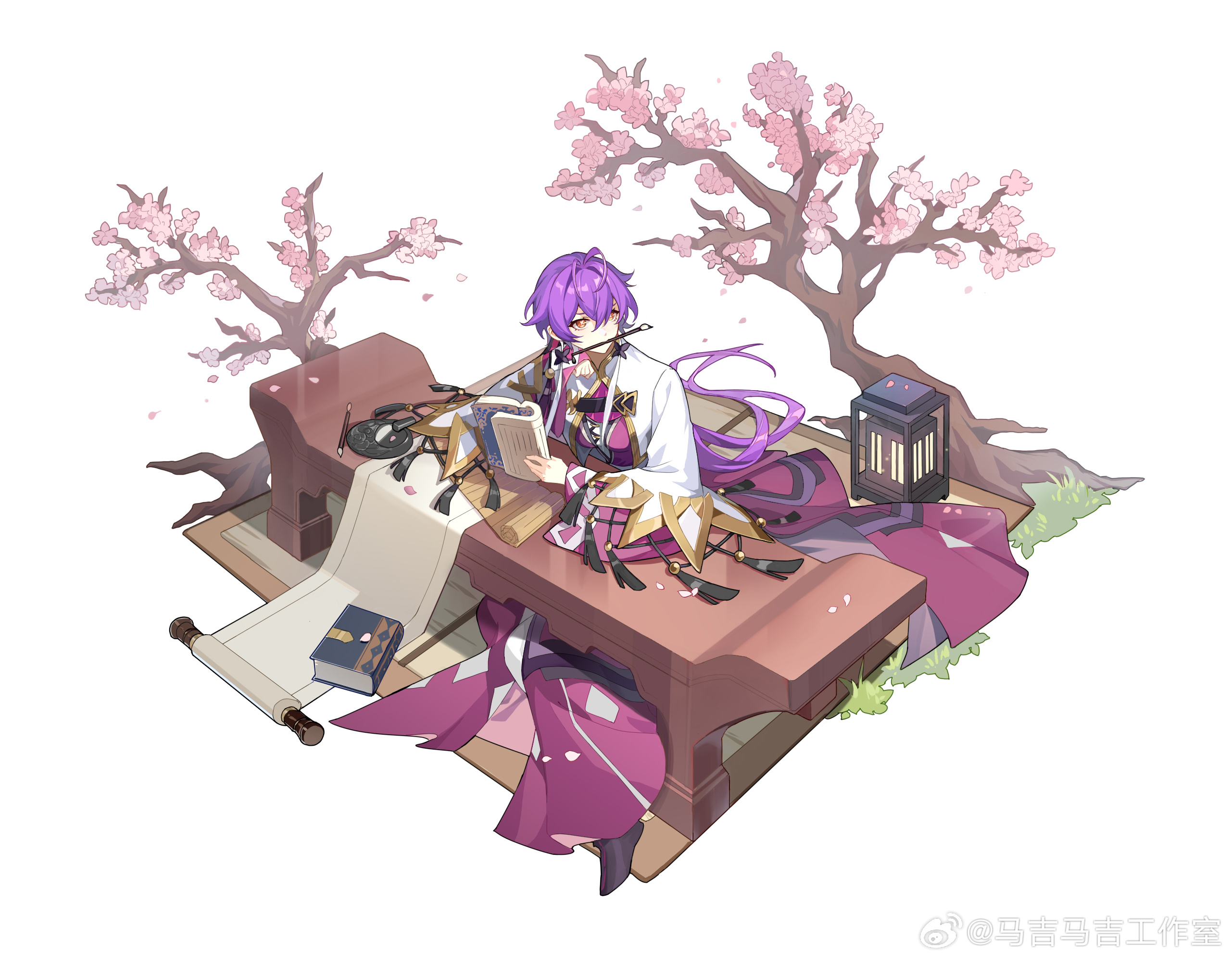 majimaji studio, higan: eruthyll, chinese commentary, highres, official art, 1girl, alternate costume, antenna hair, bamboo slips, black shoes, book, breasts, butterfly-shaped pupils, butterfly earrings, calligraphy brush, cherry blossoms, chinese clothes, cropped jacket, earrings, falling petals, flower, full body, grass, hair between eyes, hanfu, holding, holding book, inkstick, inkstone, jacket, jewelry, kueen, lantern, long hair, looking to the side, medium breasts, mouth hold, open book, paintbrush, petals, pink flower, pink hanfu, pink robe, purple hair, robe, scroll, shoes, sitting, solo, symbol-shaped pupils, table, tassel, tree, very long hair, watermark, weibo watermark, white background, white jacket, yellow eyes