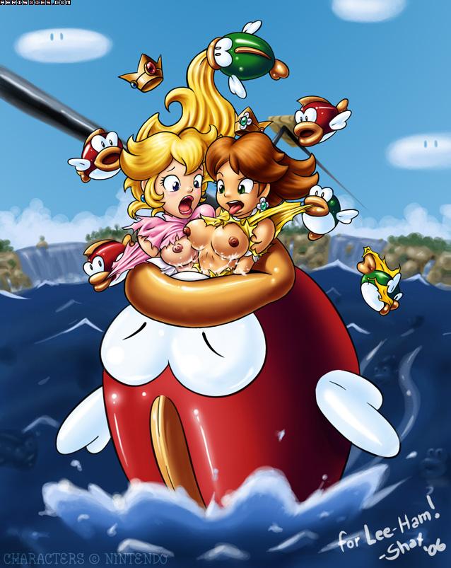 ayvuir-blue, cheep cheep, princess daisy, princess peach, super mario bros. 1, daisy, blush, breasts, cheep chomp, fish, flower, food, fruit, long hair, open clothes, open shirt, peach, vore