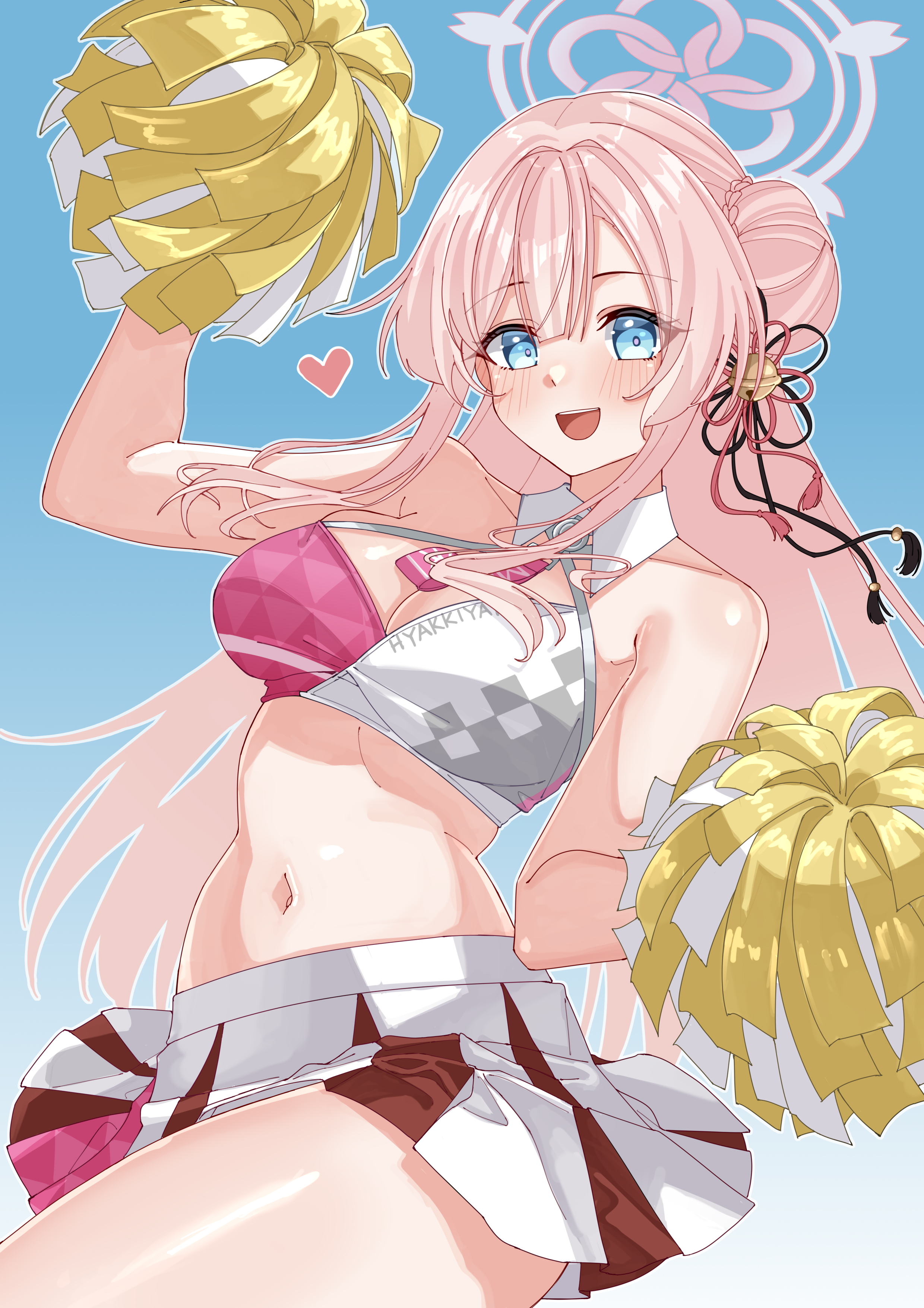 rynn (darknescorez), mimori (blue archive), blue archive, absurdres, commentary, highres, 1girl, arm up, bare shoulders, blue background, blue eyes, blush, breasts, bun with braided base, cheerleader, cleavage, crop top, hair bun, halo, heart, holding, holding pom poms, large breasts, long hair, looking at viewer, midriff, millennium cheerleader outfit (blue archive), navel, open mouth, pink hair, pink halo, pom pom (cheerleading), pom poms, simple background, single hair bun, single side bun, skirt, smile, solo, thighs, white skirt