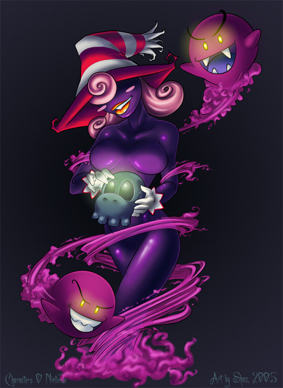 boo (mario), shadow siren, vivian (paper mario), mario (series), nintendo, paper mario, super mario bros. 1, super mario rpg, blush, breasts, colored skin, dark skin, ghost, gloves, hat, large breasts, long hair, no eyes, no nipples, nude, pink hair, purple skin, skull, smile