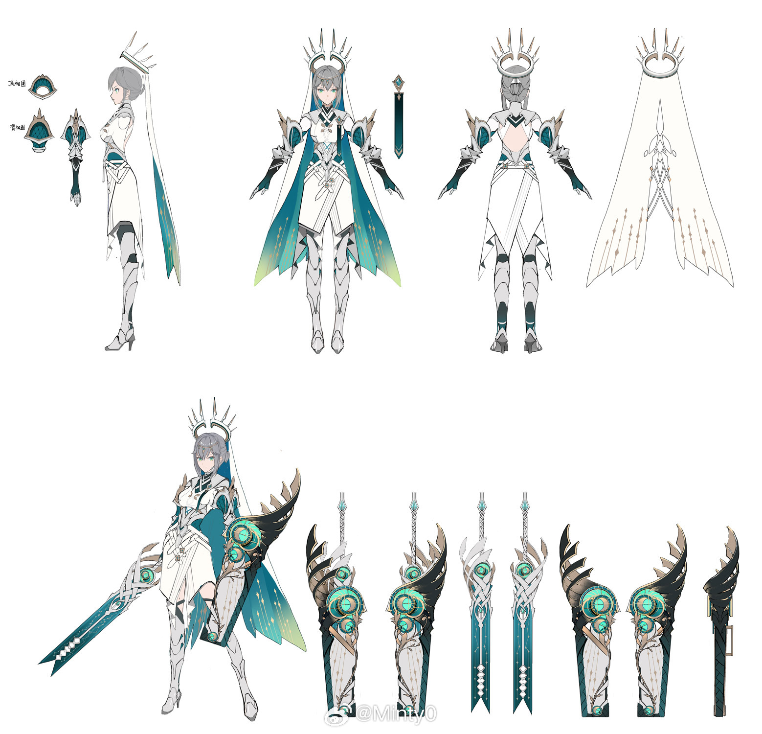 minty0, higan: eruthyll, chinese commentary, highres, official art, 1girl, a-pose, aqua eyes, aqua gloves, aqua veil, armor, armored boots, backless dress, backless outfit, boots, breasts, ceaser, closed mouth, couter, cross tie, double-parted bangs, dress, elbow gloves, full body, gauntlets, gloves, greatsword, grey hair, hair bun, halo, halo crown, head chain, high heel boots, high heels, holding, holding shield, holding sword, holding weapon, jewelry, medium breasts, medium dress, multiple views, reference sheet, shield, shoulder armor, sidelocks, simple background, single hair bun, spiked halo, standing, sword, thigh boots, turnaround, two-sided veil, veil, watermark, weapon, weibo watermark, white background, white dress, white halo, white veil