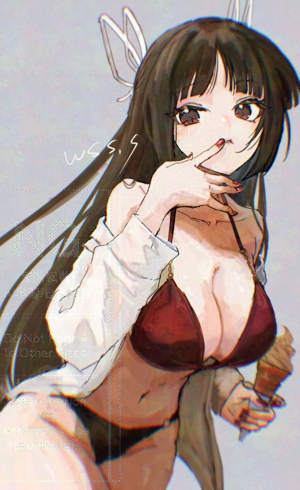 wss (nicoseiga19993411), hiyou (kancolle), kantai collection, adversarial noise, 1girl, bikini, black hair, breasts, brown eyes, cowboy shot, food, grey background, hair ribbon, ice cream, large breasts, long hair, o-ring, o-ring bottom, open clothes, open shirt, red bikini, ribbon, shirt, simple background, soft serve, solo, swimsuit, watermark, white shirt