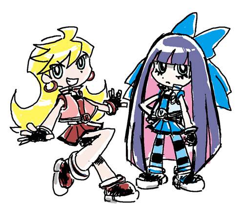 sukaponta, hyper blossom, panty (psg), rolling bubbles, stocking (psg), panty & stocking with garterbelt, powerpuff girls z, lowres, 2girls, aqua vest, blonde hair, blue boots, blue eyes, boots, bow, collared vest, colored inner hair, cosplay, dress, earrings, hair bow, hyper blossom (cosplay), jewelry, long hair, multicolored hair, multiple girls, pink boots, pink vest, rolling bubbles (cosplay), siblings, sisters, smile, striped clothes, striped thighhighs, thighhighs, two-tone hair, vest
