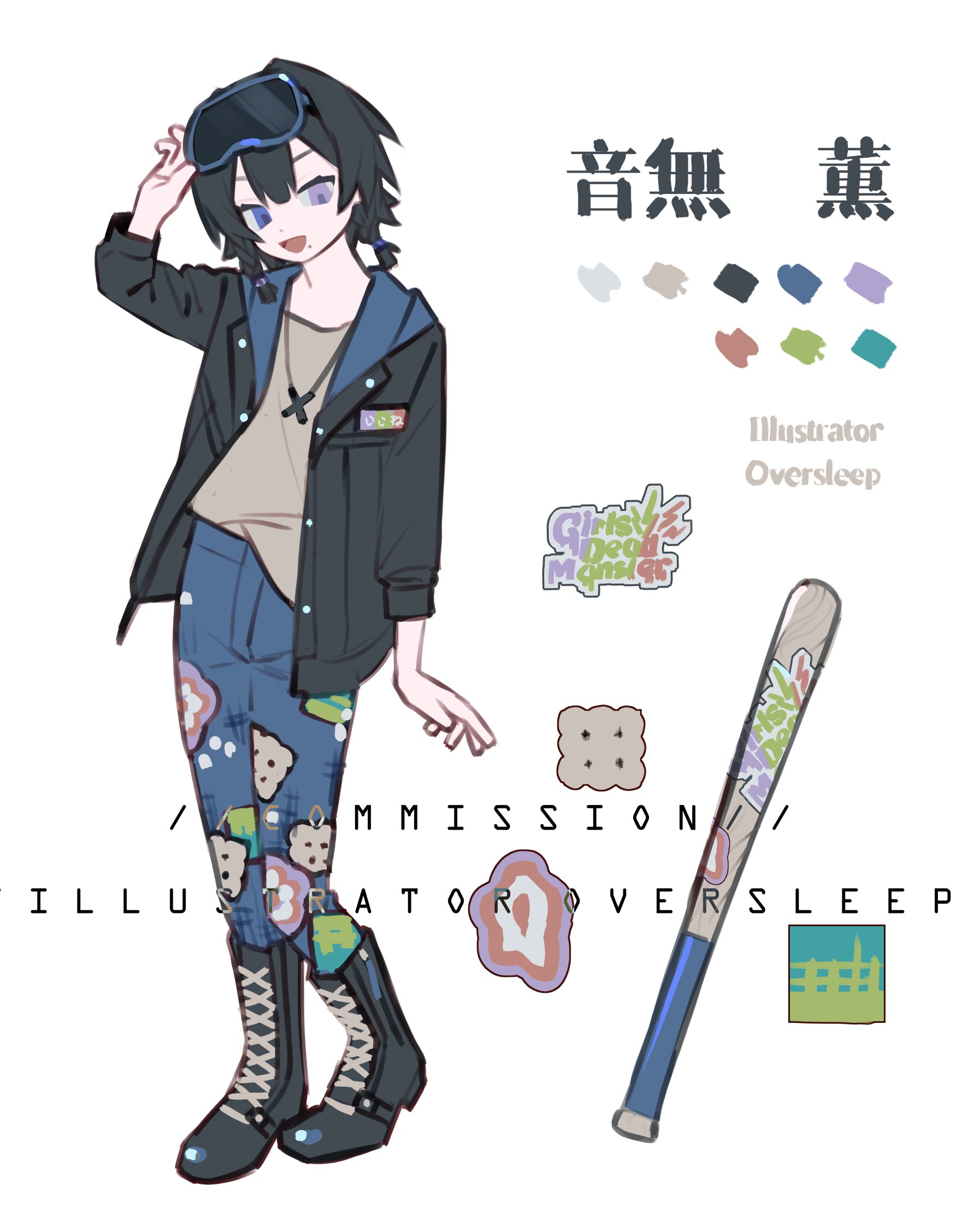 oversleep, original, highres, 1girl, arm up, baseball bat, black boots, black hair, black jacket, blue eyes, blue pants, boots, braid, character name, color guide, cross, cross necklace, denim, english text, eyewear on head, full body, goggles, goggles on head, hair between eyes, hood, hooded jacket, jacket, jeans, jewelry, lace-up boots, long sleeves, necklace, open clothes, open jacket, open mouth, pants, shirt, shoes, short hair, simple background, smile, solo, stick, sticker, sticker on leg, twin braids, white background