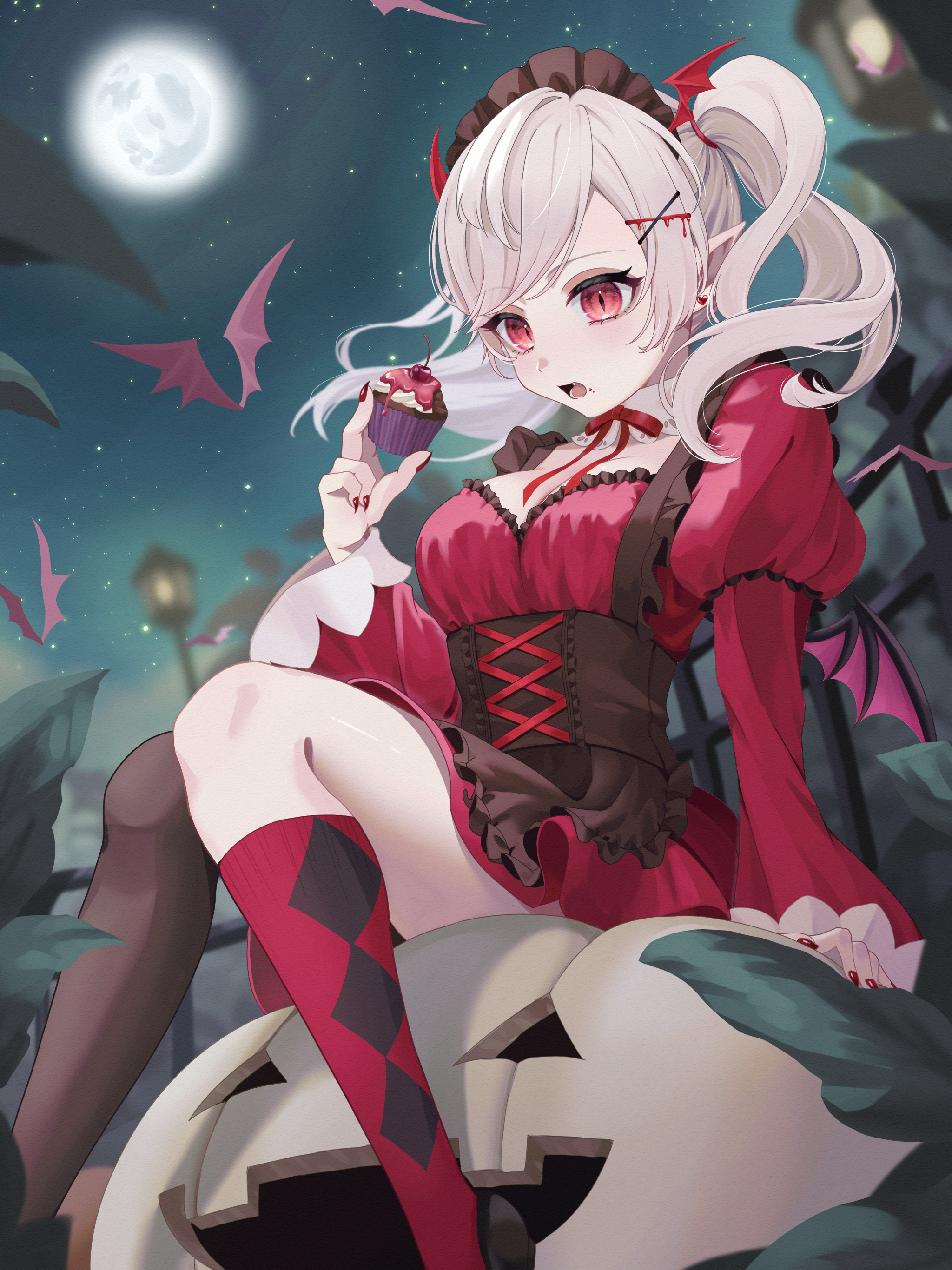amanegi toro, original, absurdres, highres, 1girl, bat (animal), breasts, cupcake, dress, food, full moon, halloween, long hair, long sleeves, looking at viewer, maid, moon, night, night sky, open mouth, red dress, sitting, sky, thighhighs, twintails, vampire, white hair, wings