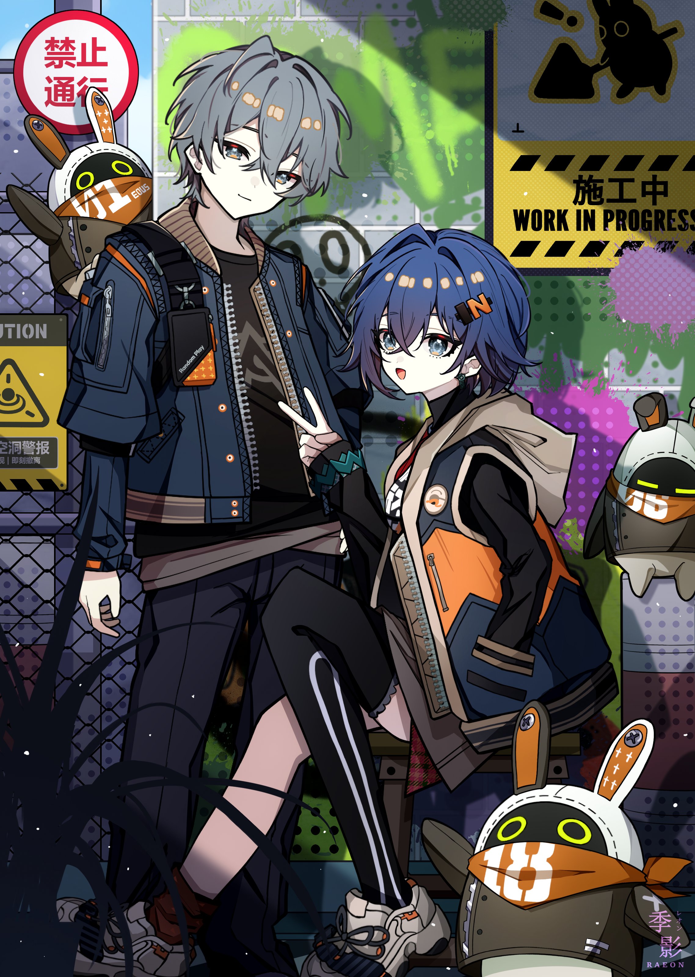 raxa9501, bangboo (zenless zone zero), belle (zenless zone zero), eous (zenless zone zero), wise (zenless zone zero), zenless zone zero, absurdres, highres, 1boy, 1girl, black shirt, blue hair, blush, green eyes, grey hair, hair between eyes, jacket, long hair, open mouth, shirt, short hair, smile
