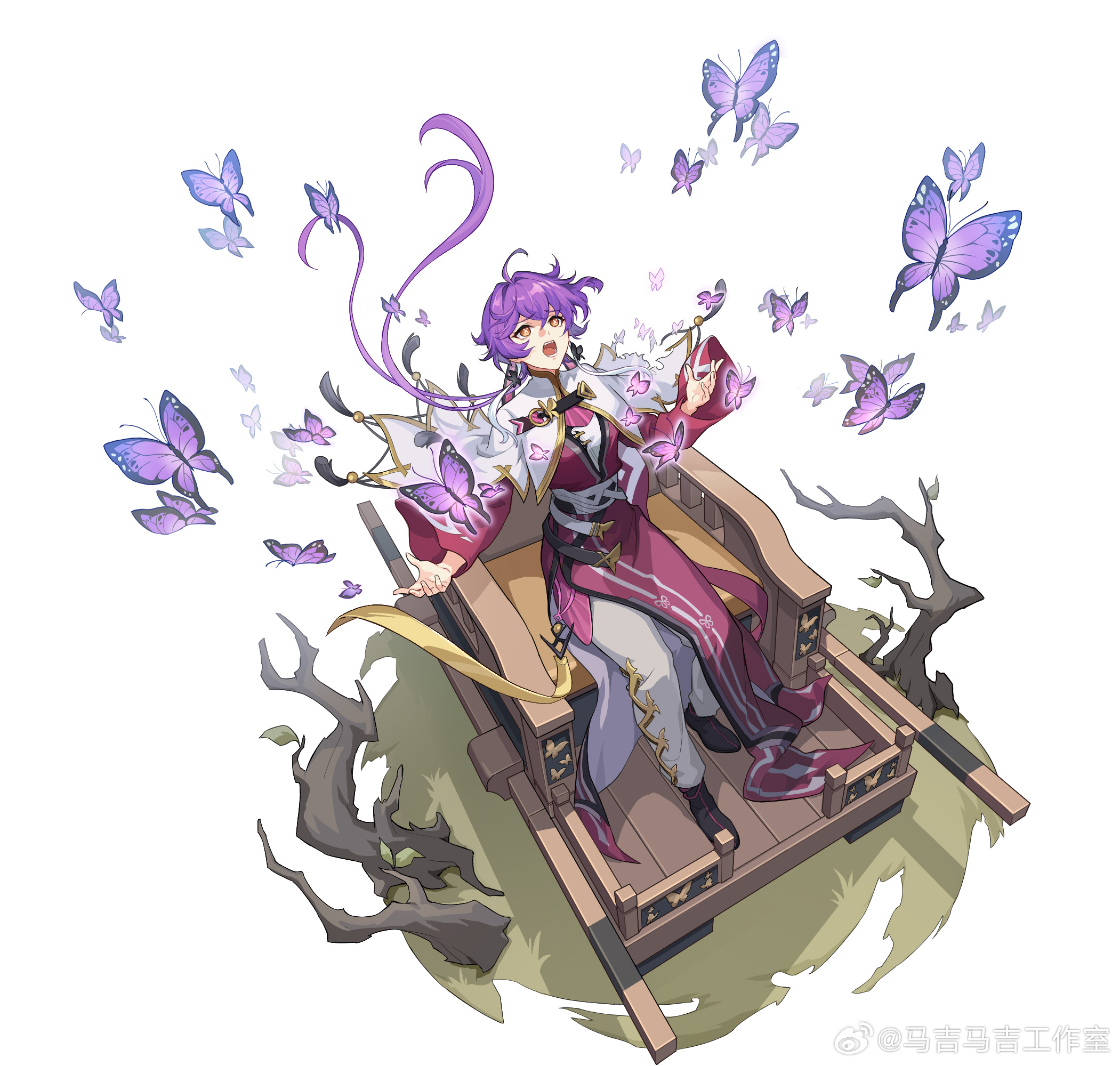 majimaji studio, higan: eruthyll, chinese commentary, highres, official art, 1girl, alternate costume, antenna hair, bare tree, belt, black shoes, breasts, bug, butterfly, butterfly-shaped pupils, butterfly earrings, chair, chinese clothes, cropped jacket, earrings, floating hair, full body, grass, hair between eyes, hanfu, insect, jacket, jewelry, kueen, litter (vehicle), long hair, looking up, low ponytail, medium breasts, open hands, open mouth, pants, pink hanfu, pink robe, ponytail, purple butterfly, purple hair, ribbon, robe, shoes, sitting, solo, symbol-shaped pupils, tassel, teeth, torn clothes, torn jacket, tree, very long hair, watermark, weibo watermark, white background, white belt, white jacket, white pants, wide sleeves, yellow eyes, yellow ribbon