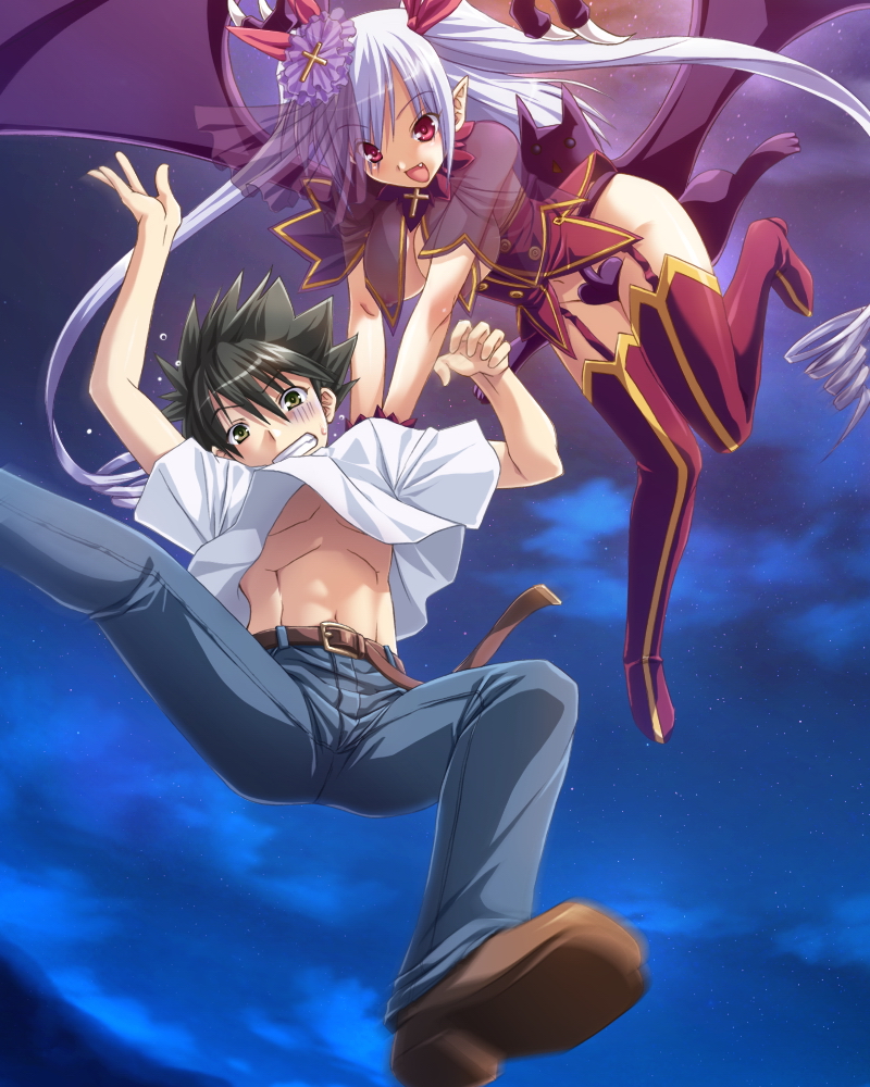 blush, breasts, elf, long hair, midriff, no panties, pointy ears, see-through clothes, tail, thighhighs, wings