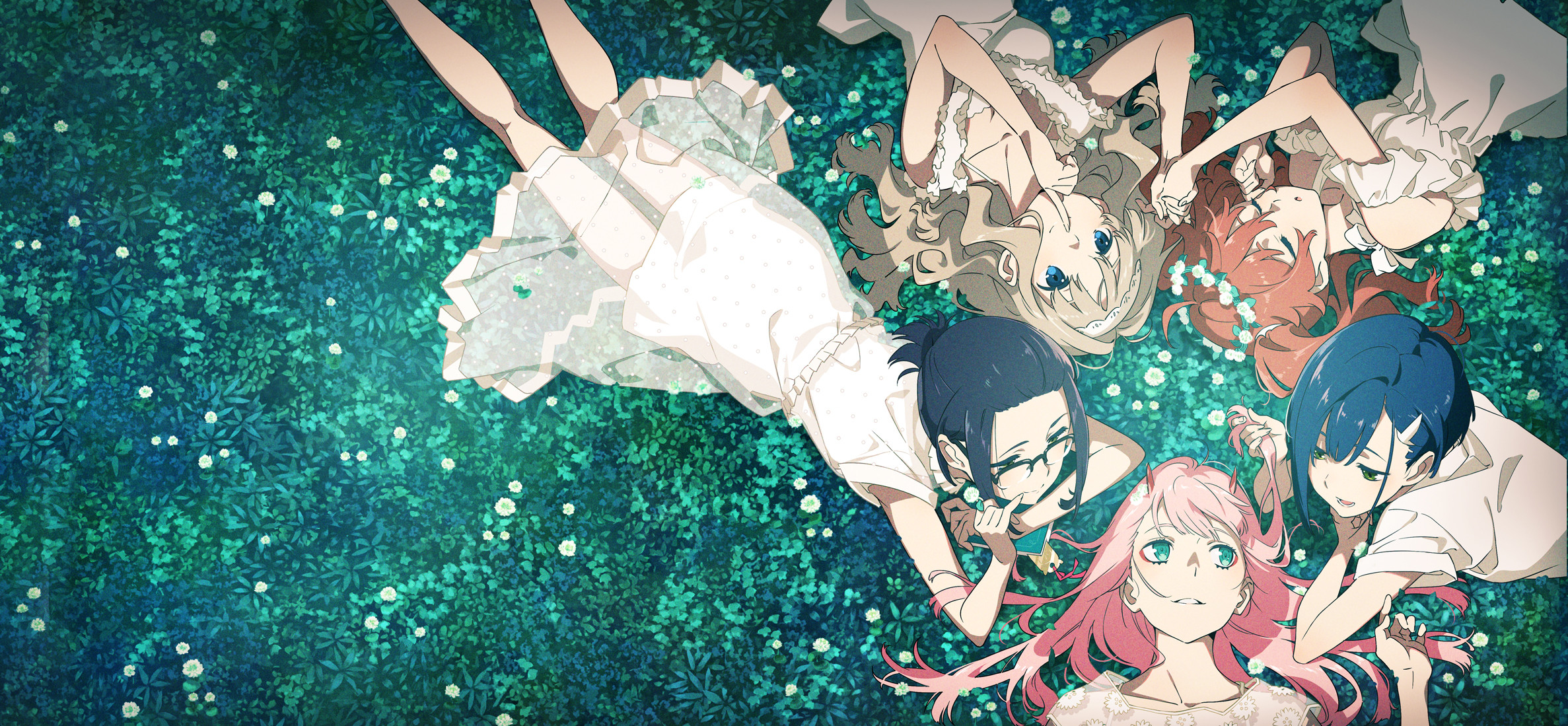 yoneyama mai, ichigo (darling in the franxx), ikuno (darling in the franxx), kokoro (darling in the franxx), miku (darling in the franxx), zero two (darling in the franxx), darling in the franxx, highres, official art, 5girls, aqua eyes, black hair, blue eyes, blue hair, blush, brown hair, circle formation, closed eyes, dress, eyeshadow, field, finger to mouth, flower, flower field, glasses, grass, green eyes, green theme, hair flower, hair ornament, hair spread out, hairclip, half-closed eyes, hand in own hair, holding another's hair, holding hands, horns, long hair, looking at another, lying, makeup, multiple girls, on back, on grass, on ground, on stomach, open mouth, parted lips, pink hair, red eyeshadow, see-through dress layer, short hair, shushing, sleeping, smile, twintails