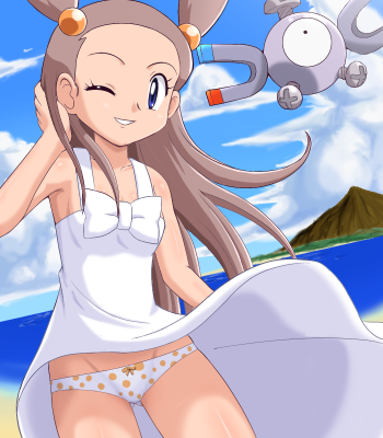 pokemoa, jasmine (pokemon), magnemite, nintendo, pokemon, lowres, 1girl, blue eyes, clothes lift, dress, dress lift, flat chest, gen 1 pokemon, gym leader, lace, lace-trimmed panties, lace trim, long hair, one eye closed, panties, pantyshot, pokemon (creature), standing, sundress, underwear, upskirt, wind, wind lift, wink