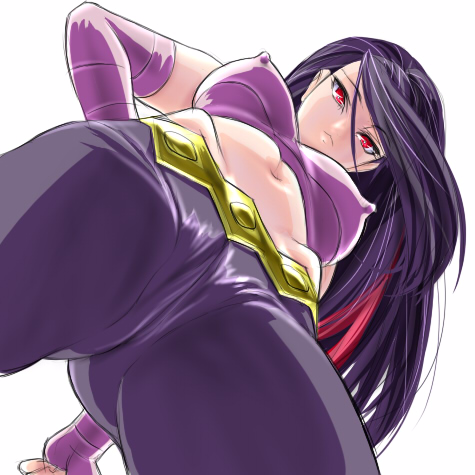 otsukare, lucy (pokemon), nintendo, pokemon, pokemon emerald, pokemon rse, lowres, 00s, 1girl, black hair, breasts, cameltoe, closed mouth, covered erect nipples, denim, dutch angle, elbow gloves, female focus, fingerless gloves, from below, frontier brain, gloves, grey pants, head down, jeans, large breasts, lavender gloves, long hair, looking at viewer, looking down, midriff, multicolored hair, navel, pants, pov, purple hair, red eyes, red hair, serious, simple background, solo, spandex, swept bangs, two-tone hair, white background