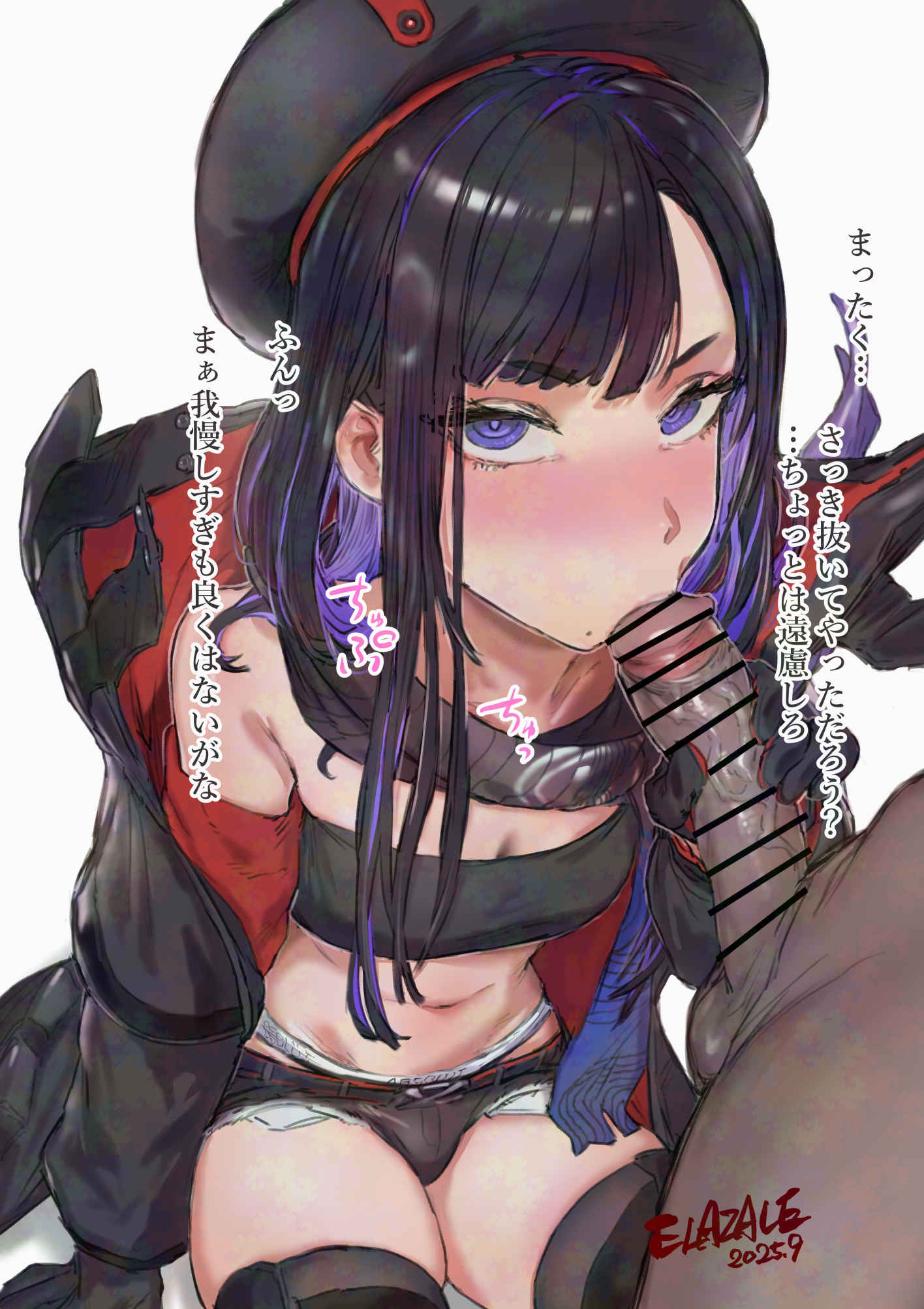 elazale, eunhwa (nikke), eunhwa (tactical upgrade) (nikke), goddess of victory: nikke, highres, translation request, 1boy, 1girl, beret, black hair, breasts, cleavage, colored inner hair, dark-skinned male, dark skin, fellatio, gloves, hat, hetero, interracial, jacket, licking, licking penis, long hair, looking at viewer, medium breasts, micro shorts, midriff, mole, mole under mouth, multicolored hair, navel, official alternate costume, open clothes, oral, penis, purple eyes, purple hair, shorts, solo, sports bra, sports panties, veins, veiny penis