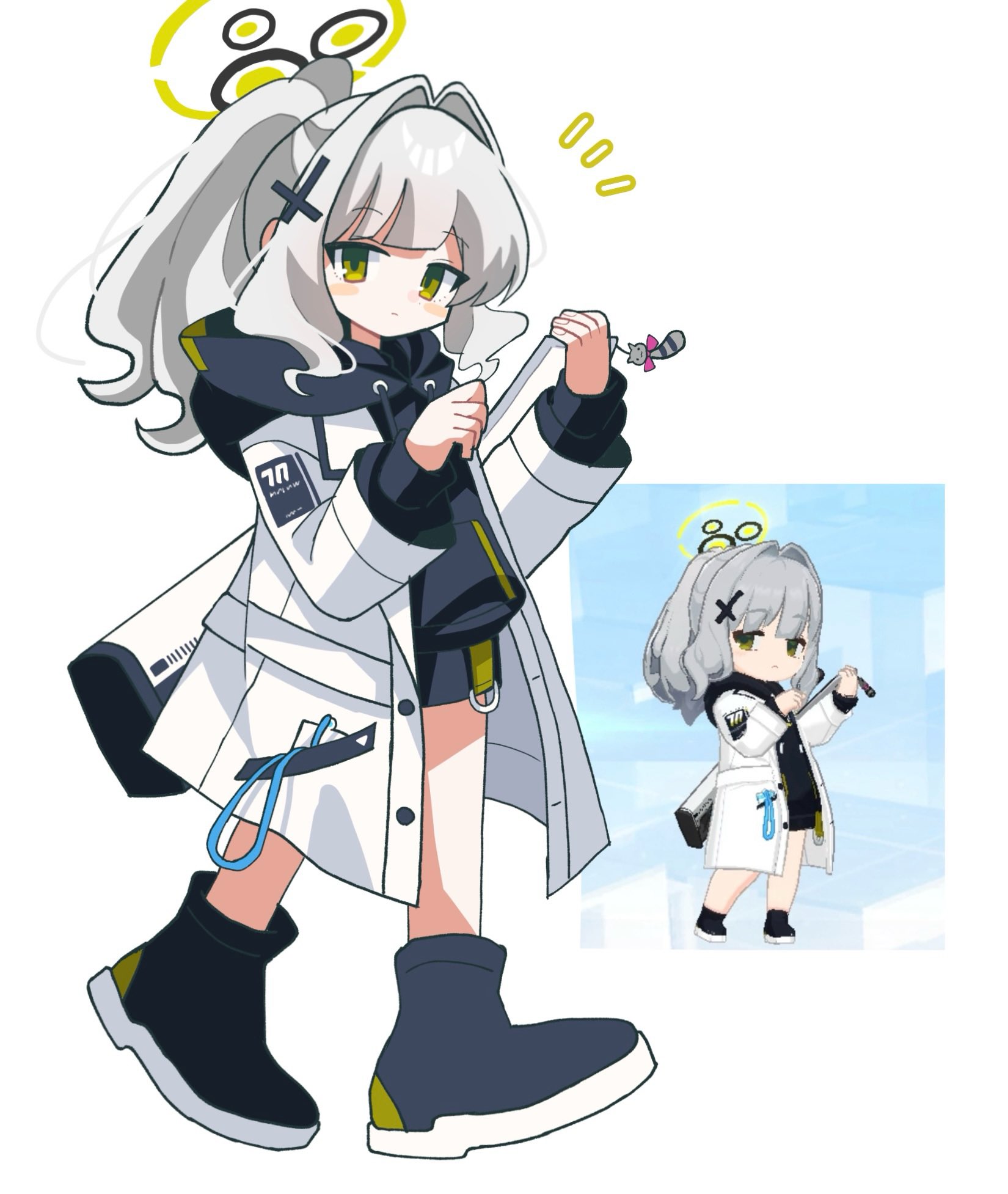 furiba 794, hare (blue archive), blue archive, commentary request, highres, 1girl, artist name, black hoodie, black shoes, closed mouth, coat, full body, game screenshot inset, green eyes, grey hair, hair intakes, halo, holding, holding tablet pc, hood, hood down, hoodie, looking at viewer, medium hair, open clothes, open coat, ponytail, shoes, sidelocks, simple background, sitting, solo, tablet pc, white background, white coat