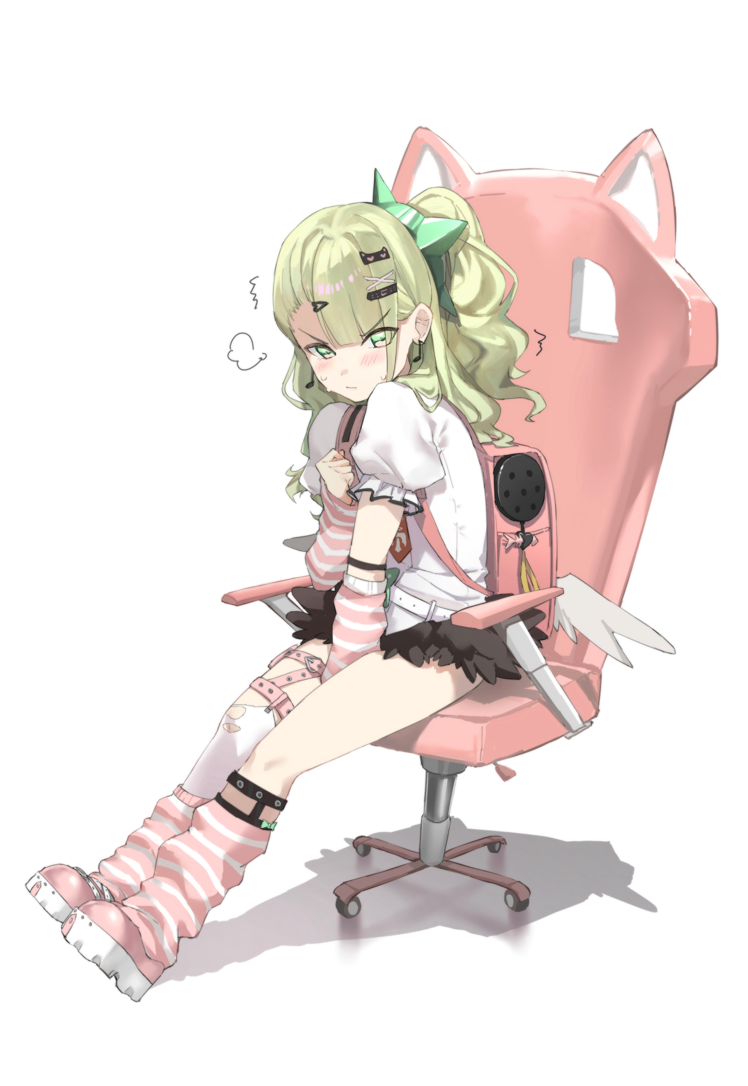 kuro11kii, chinatsu remiel, zenless zone zero, absurdres, highres, 1girl, arm warmers, asymmetrical bangs, backpack, bag, chair, earrings, full body, gaming chair, green eyes, green hair, jewelry, long hair, loose socks, pink bag, randoseru, shirt, side ponytail, single thighhigh, sitting, socks, solo, striped arm warmers, swivel chair, thigh strap, thighhighs, torn clothes, torn thighhighs, white background, white shirt, white thighhighs