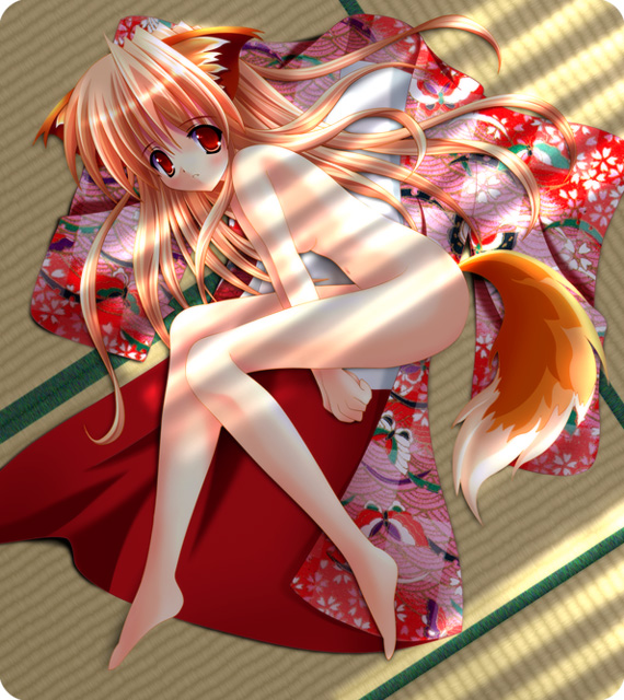 animal ears, blush, breasts, fox ears, long hair, nude, tail