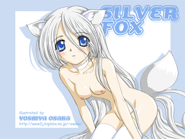 animal ears, breasts, fox ears, long hair, nude, tail, thighhighs