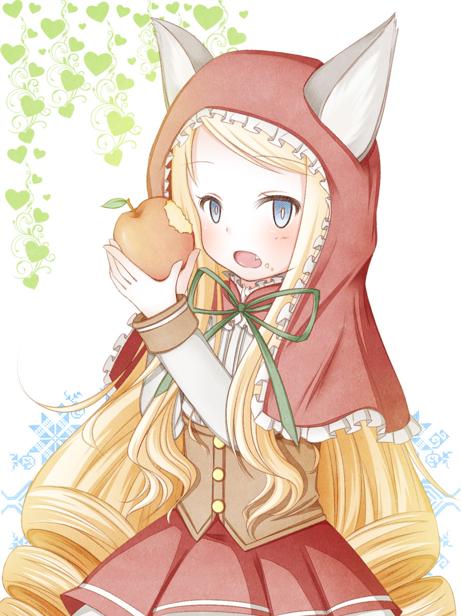emil chronicle online, highres, 1girl, animal ears, apple, blonde hair, blue eyes, breasts, brown corset, capelet, corset, drill hair, eating, elaine26, fang, food, food on face, fruit, green ribbon, holding, holding food, holding fruit, long hair, looking at viewer, open mouth, red capelet, red hood, red skirt, ribbon, shirt, shugoma shimotsuki, skirt, small breasts, solo, very long hair, white background, white shirt, wolf ears