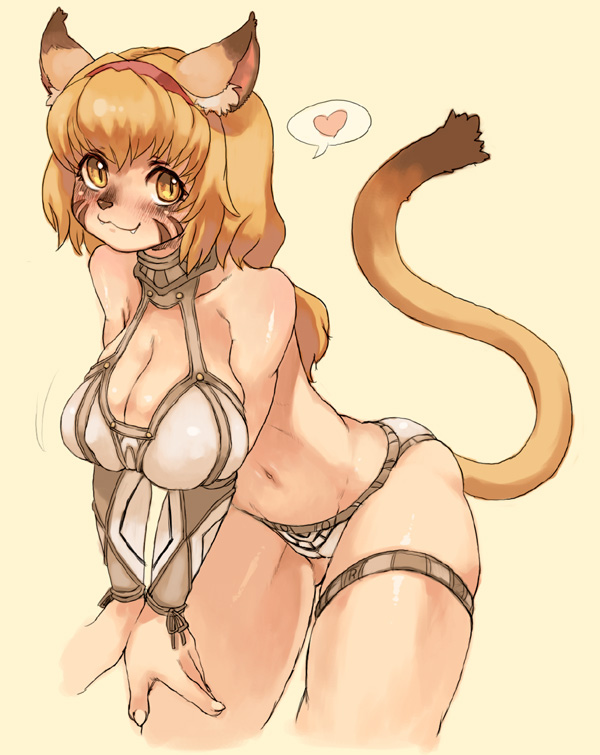 rikose, mithra (ff11), final fantasy, final fantasy xi, 00s, 1girl, animal ears, ass, blonde hair, blush, breasts, cat ears, cat girl, cat tail, female focus, hairband, heart, long hair, panties, solo, tail, thigh strap, underwear