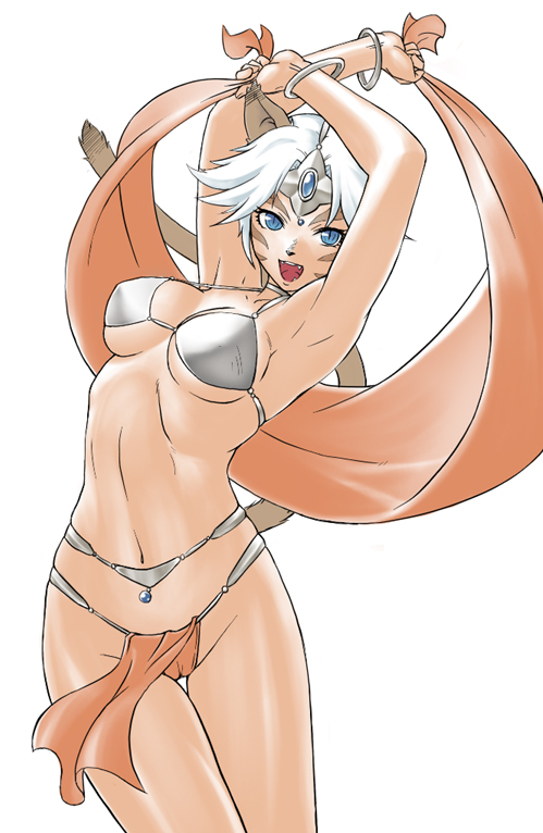 gochou (kedama), mithra (ff11), dragon quest, final fantasy, final fantasy xi, 1girl, animal ears, armpits, blue eyes, bracelet, breasts, cameltoe, cat ears, cat girl, cat tail, circlet, cosplay, dancer's costume (dq), facial mark, fang, female focus, jewelry, loincloth, midriff, no panties, open mouth, panties, pelvic curtain, short hair, simple background, solo, tail, underwear, whisker markings, white hair