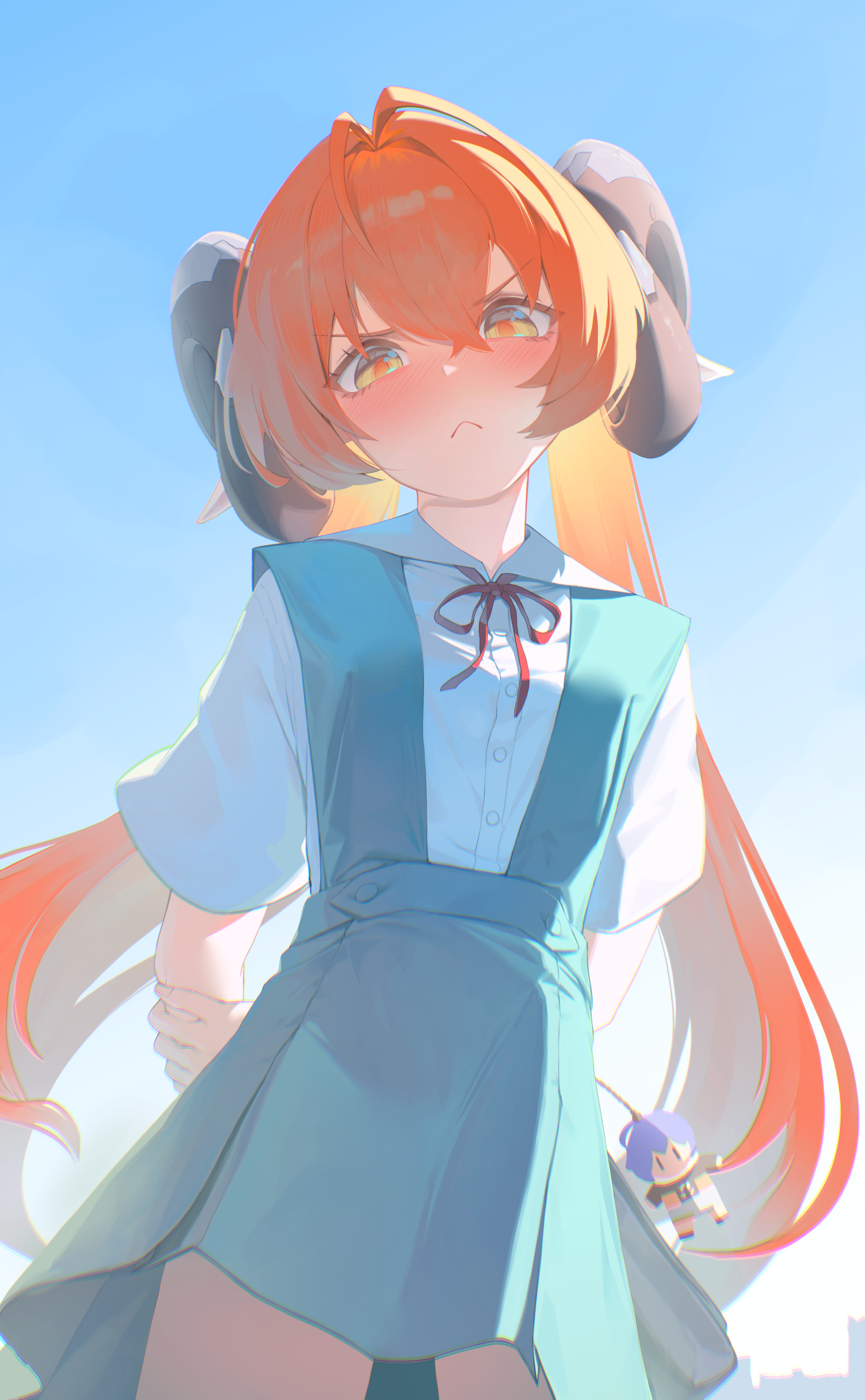joykoygo, belle (zenless zone zero), orphie magnusson, neon genesis evangelion, zenless zone zero, absurdres, highres, 1girl, :<, alternate costume, arms behind back, black horns, blue skirt, blue sky, blush, breasts, character doll, crossed arms, doll, dragon girl, dragon horns, horns, looking at viewer, medium breasts, neck ribbon, orange hair, orange pupils, red ribbon, ribbon, school uniform, shirt, short sleeves, skirt, sky, solo, suspender skirt, suspenders, tokyo-3 middle school uniform, twintails, white shirt, yellow eyes