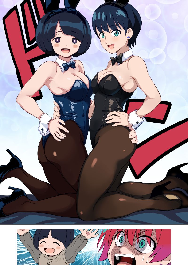 ponzu rui, amate yuzuriha, shiiko sugai, tamaki yuzuriha, gundam, gundam gquuuuuux, commentary request, 2girls, 4girls, animal ear hairband, animal ears, black bow, black bowtie, black hair, black leotard, black pantyhose, blue bow, blue bowtie, blue leotard, bow, bowtie, breasts, cleavage, detached collar, fake animal ears, green eyes, hairband, leotard, mature female, medium breasts, mother and daughter, mother and son, multiple girls, pantyhose, playboy bunny, rabbit ears, rabbit tail, shiiko sugai's son, short hair, smile, strapless, strapless leotard, tail, wrist cuffs
