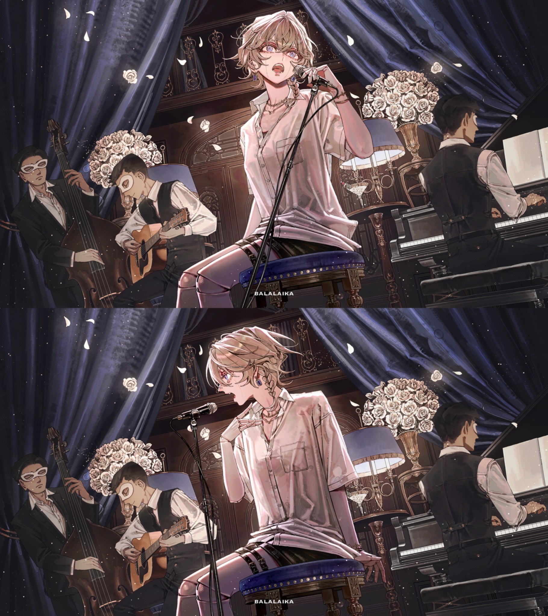 denn (naluse flow), indie utaite, highres, 1girl, 3boys, 9lana, arm support, blue eyes, bouquet, braid, breast pocket, buttons, closed eyes, collared shirt, curtains, doll joints, double bass, flower, grey hair, hand up, holding, holding microphone, indoors, instrument, jewelry, joints, lamp, light particles, loose clothes, loose shirt, microphone, microphone stand, multiple boys, multiple necklaces, multiple views, music, necklace, on stool, open mouth, petals, piano, piano bench, playing guitar, playing instrument, playing piano, pocket, shirt, short sleeves, side braid, singing, single braid, sitting, smile, song name, split screen, table, vase, white shirt