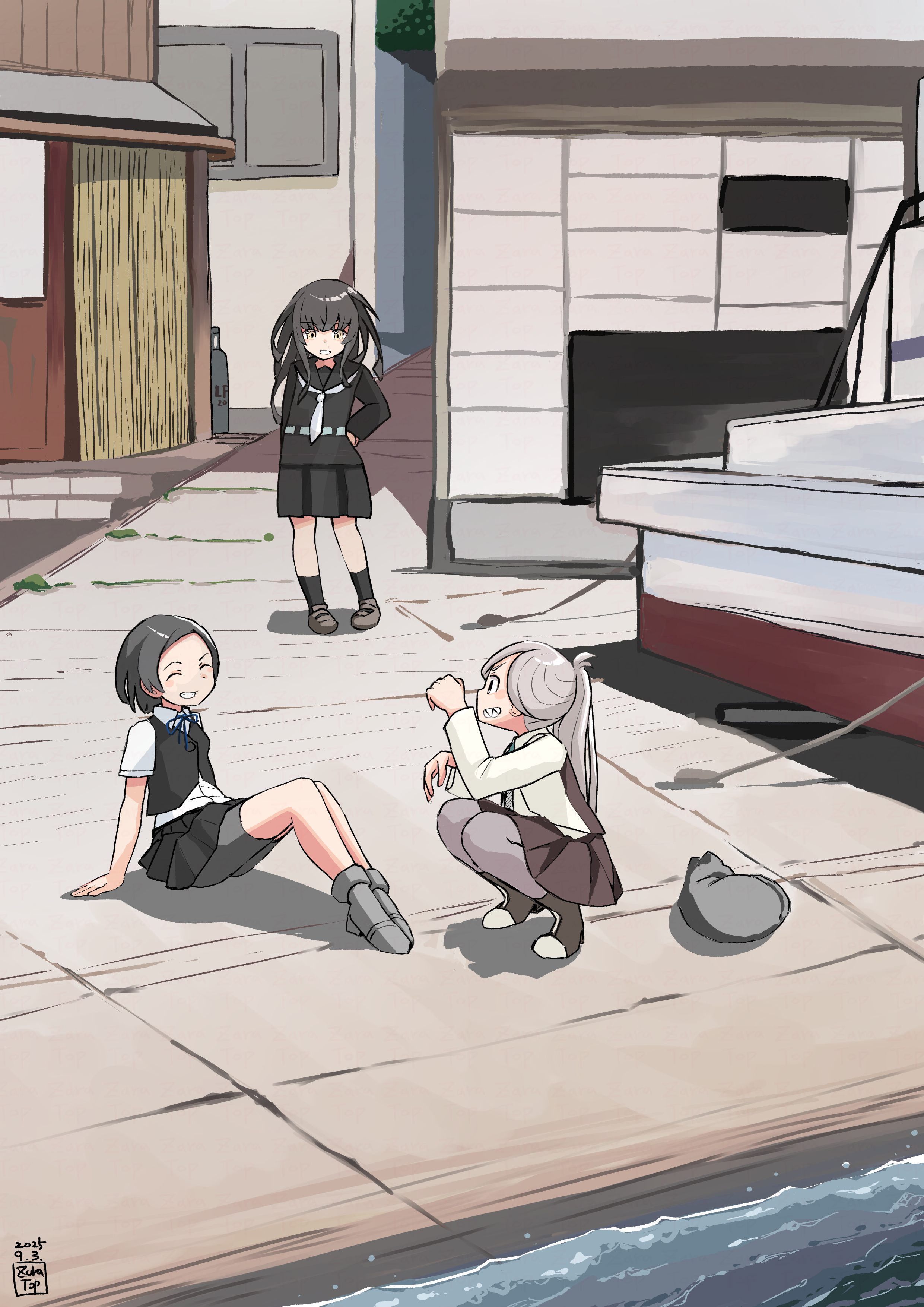 toplow, asashimo (kancolle), kuroshio (kancolle), mikazuki (kancolle), kantai collection, absurdres, commentary request, highres, 3girls, bike shorts under skirt, black hair, black serafuku, brown dress, cat, dock, dress, grey hair, grey pantyhose, multiple girls, pantyhose, ponytail, school uniform, serafuku, ship, water, watercraft