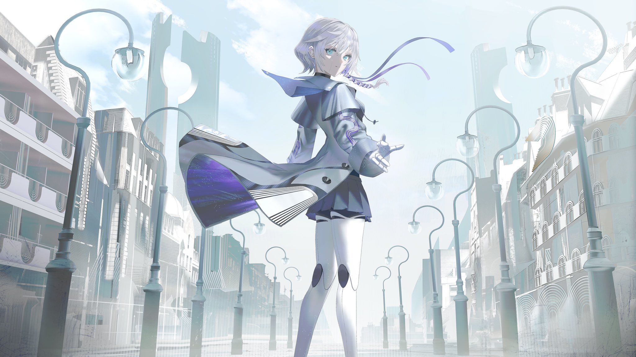 swav, indie utaite, highres, second-party source, 1girl, 9lana, blue eyes, braid, building, city, closed mouth, coat, day, double exposure, feet out of frame, from below, from side, hair ribbon, joints, lamppost, light smile, long sleeves, looking at viewer, looking back, miniskirt, outdoors, outstretched arms, purple ribbon, ribbon, road, robot joints, side braid, skirt, smile, solo, standing, starry sky print, street, white hair, wide sleeves, wind