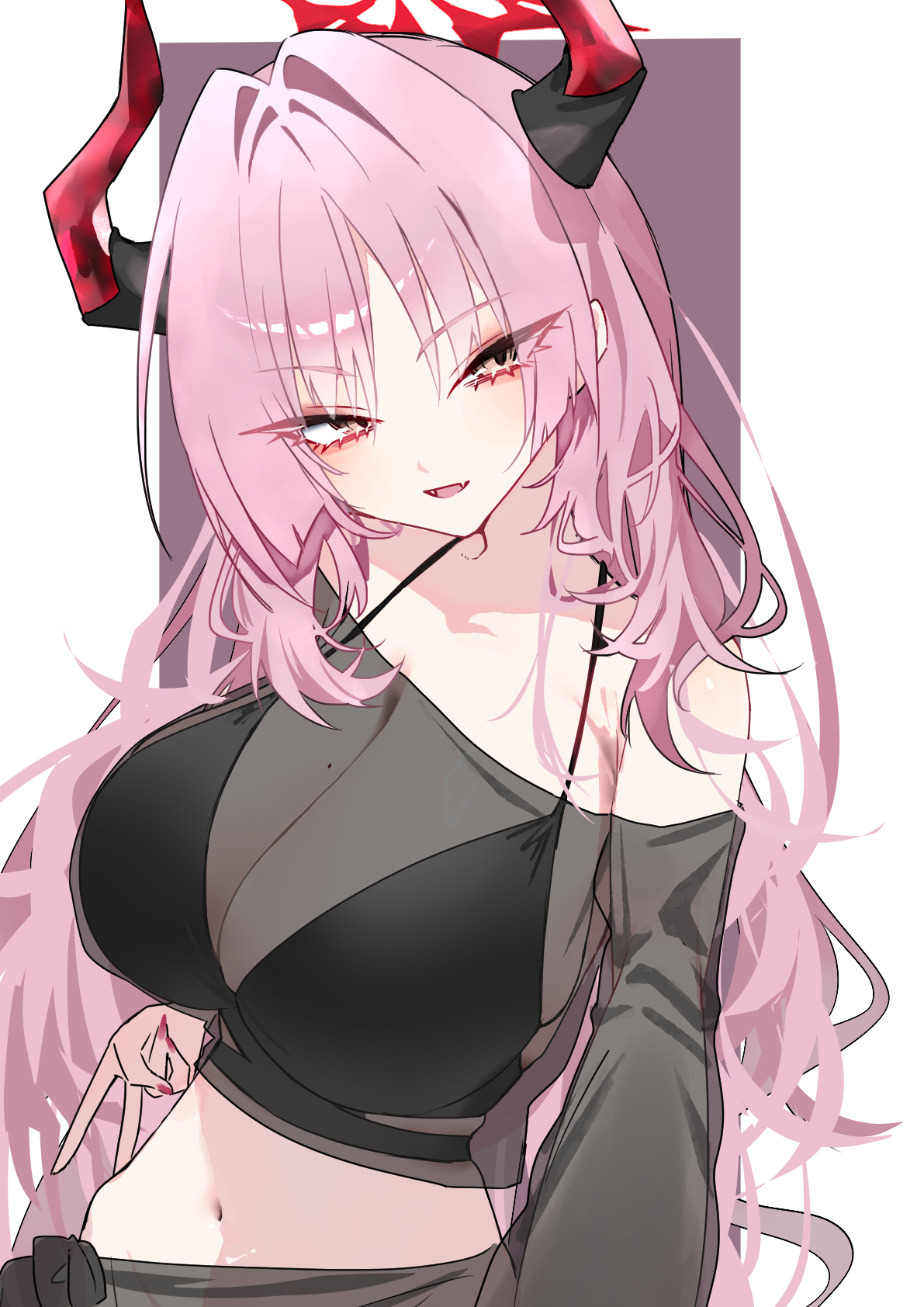 mo2upoyo, satsuki (blue archive), blue archive, commentary, highres, 1girl, breasts, casual, halo, horns, large breasts, mole, mole on breast, multicolored horns, navel, pink hair, red halo, red horns, see-through cleavage, see-through clothes, solo, two-tone horns