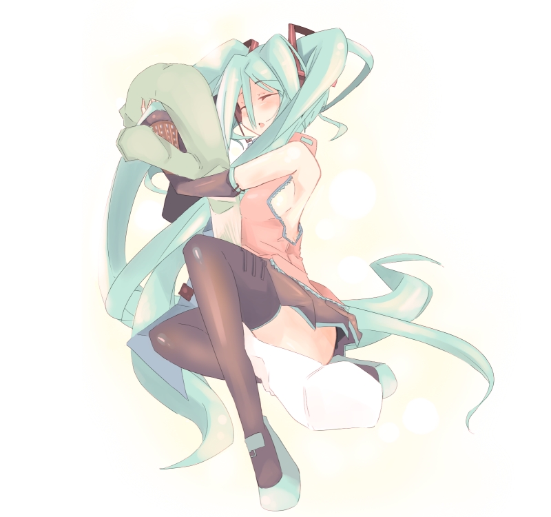 kanikama, hatsune miku, vocaloid, vocaloid2, 1girl, black thighhighs, breasts, closed eyes, female focus, hair between eyes, hugging object, long hair, medium breasts, pillow, pillow hug, sideboob, skirt, sleeping, solo, thighhighs, twintails, very long hair