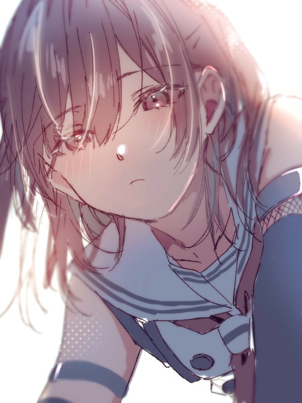 rinto (rint rnt), sendai (kancolle), sendai kai ni (kancolle), kantai collection, 1girl, all fours, black gloves, black neckerchief, brown eyes, brown hair, buttons, double-breasted, gloves, neckerchief, sailor collar, shirt, short hair, simple background, sleeveless, sleeveless shirt, solo, two side up, white background, white sailor collar