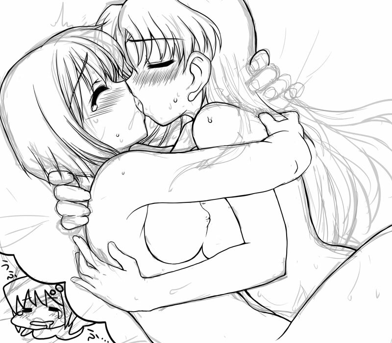 blush, breasts, kiss, long hair, monochrome, nude, short hair, sketch, yuri