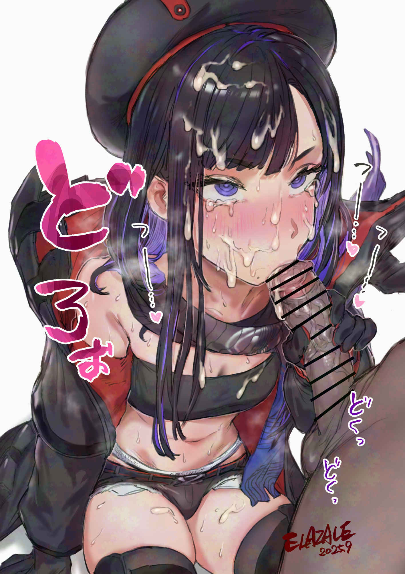 elazale, eunhwa (nikke), eunhwa (tactical upgrade) (nikke), goddess of victory: nikke, highres, translation request, 1boy, 1girl, after fellatio, beret, black hair, breasts, cleavage, colored inner hair, cum, cum on body, cum on clothes, cum on hair, dark-skinned male, dark skin, facial, fellatio, gloves, hat, hetero, interracial, jacket, licking, licking penis, long hair, looking at viewer, medium breasts, micro shorts, midriff, mole, mole under mouth, multicolored hair, navel, official alternate costume, open clothes, oral, penis, purple eyes, purple hair, shorts, solo, sports bra, sports panties, veins, veiny penis