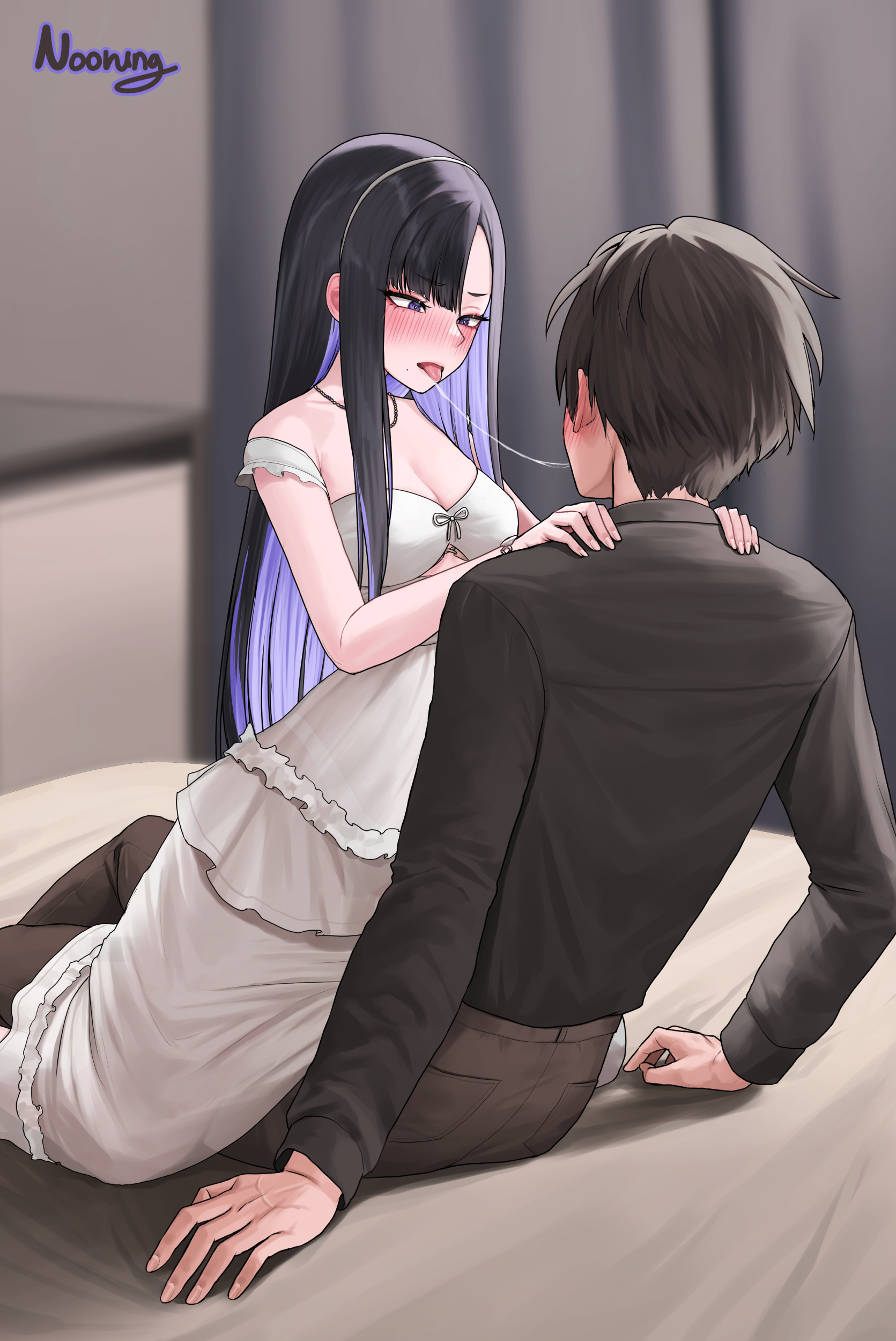 noorung, commander (nikke), eunhwa (nikke), eunhwa (tactical upgrade) (day off) (nikke), eunhwa (tactical upgrade) (nikke), goddess of victory: nikke, absurdres, highres, 1boy, 1girl, after kiss, black hair, black shirt, blush, breasts, brown hair, cleavage, dress, hands on another's shoulders, jewelry, long hair, multicolored hair, necklace, official alternate costume, on bed, purple eyes, purple hair, saliva, saliva trail, shirt, short hair, white dress