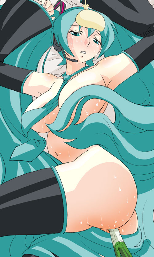 hatsune miku, vocaloid, vocaloid2, blush, breasts, long hair, necktie, nude, object insertion, sick, spring onion, thighhighs, twintails