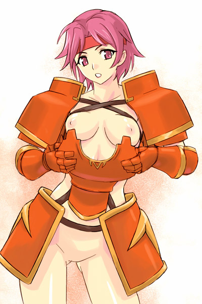 michael f91, gwendolyn (fire emblem), fire emblem, fire emblem: the binding blade, nintendo, 1girl, armor, breasts, dressing, female focus, knight, nipples, no panties, nude, orange armor, pink eyes, pink hair, short hair, solo, undressing, warrior
