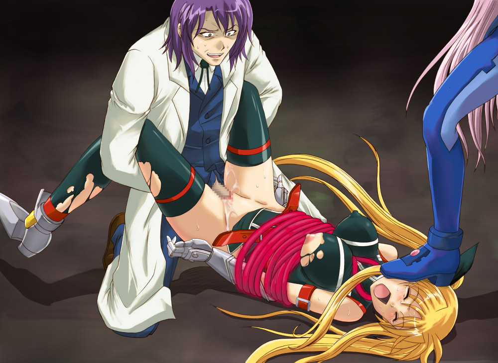 cyclone (reizei), fate testarossa, jail scaglietti, numbers (nanoha), sette (nanoha), lyrical nanoha, mahou shoujo lyrical nanoha, mahou shoujo lyrical nanoha strikers, 00s, 1boy, 2girls, bdsm, blonde hair, blue bodysuit, blush, bodysuit, bondage, bound, bound arms, breasts, censored, closed eyes, covered erect nipples, cum, hetero, lab coat, long hair, medium breasts, missionary, mosaic censoring, multiple girls, nipples, no panties, penis, rape, sex, spandex, thighhighs, torn clothes, twintails, vaginal