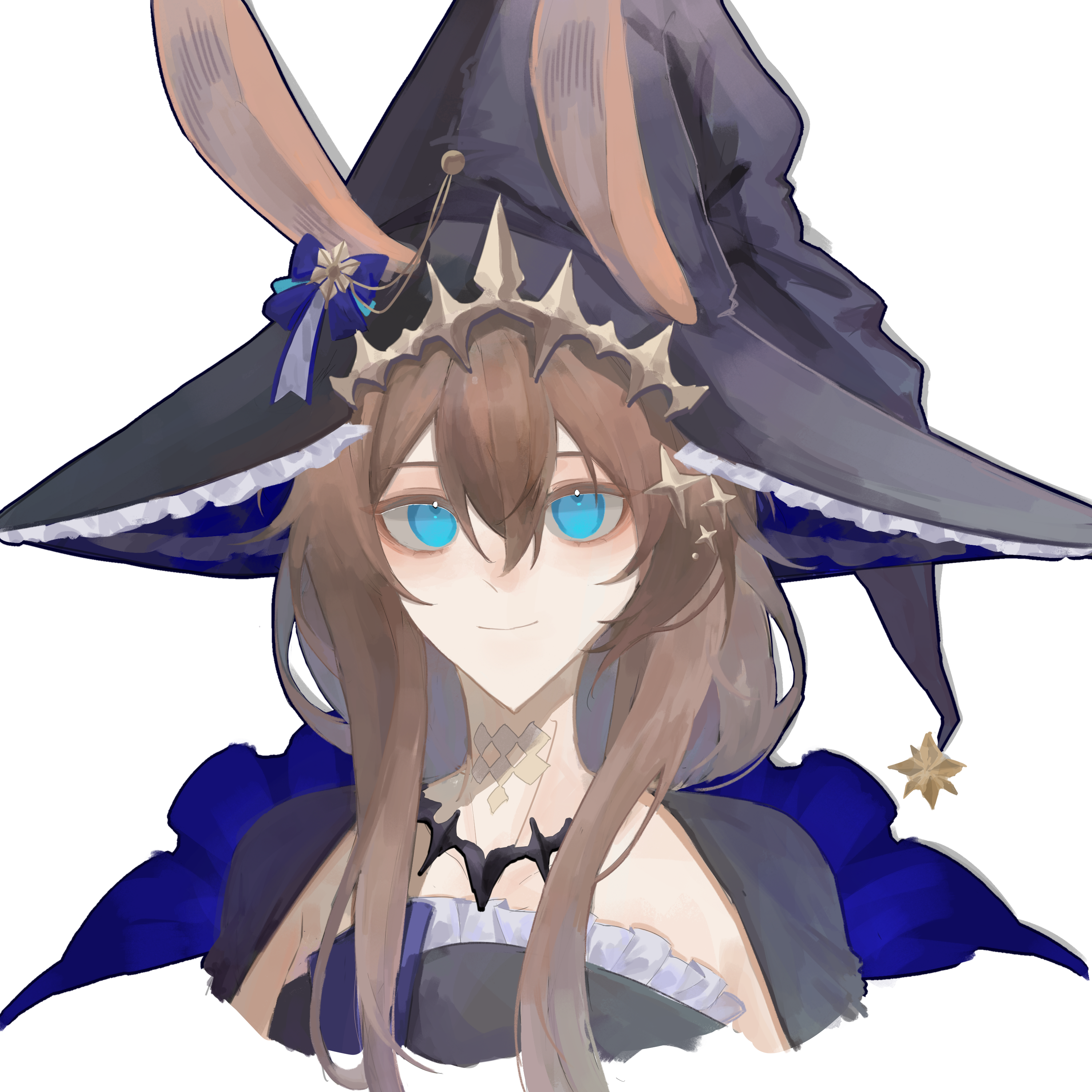 amiya (arknights), amiya (medic) (arknights), amiya (medic) (solo around the world) (arknights), ambience synesthesia, arknights, absurdres, chinese commentary, commentary request, highres, 1girl, animal ears, ayeniyouzaimoyuhou, black hat, blue eyes, brown hair, closed mouth, cropped shoulders, ears through headwear, frilled hat, frills, hair between eyes, hair ornament, hat, long hair, looking at viewer, official alternate costume, simple background, smile, solo, witch hat