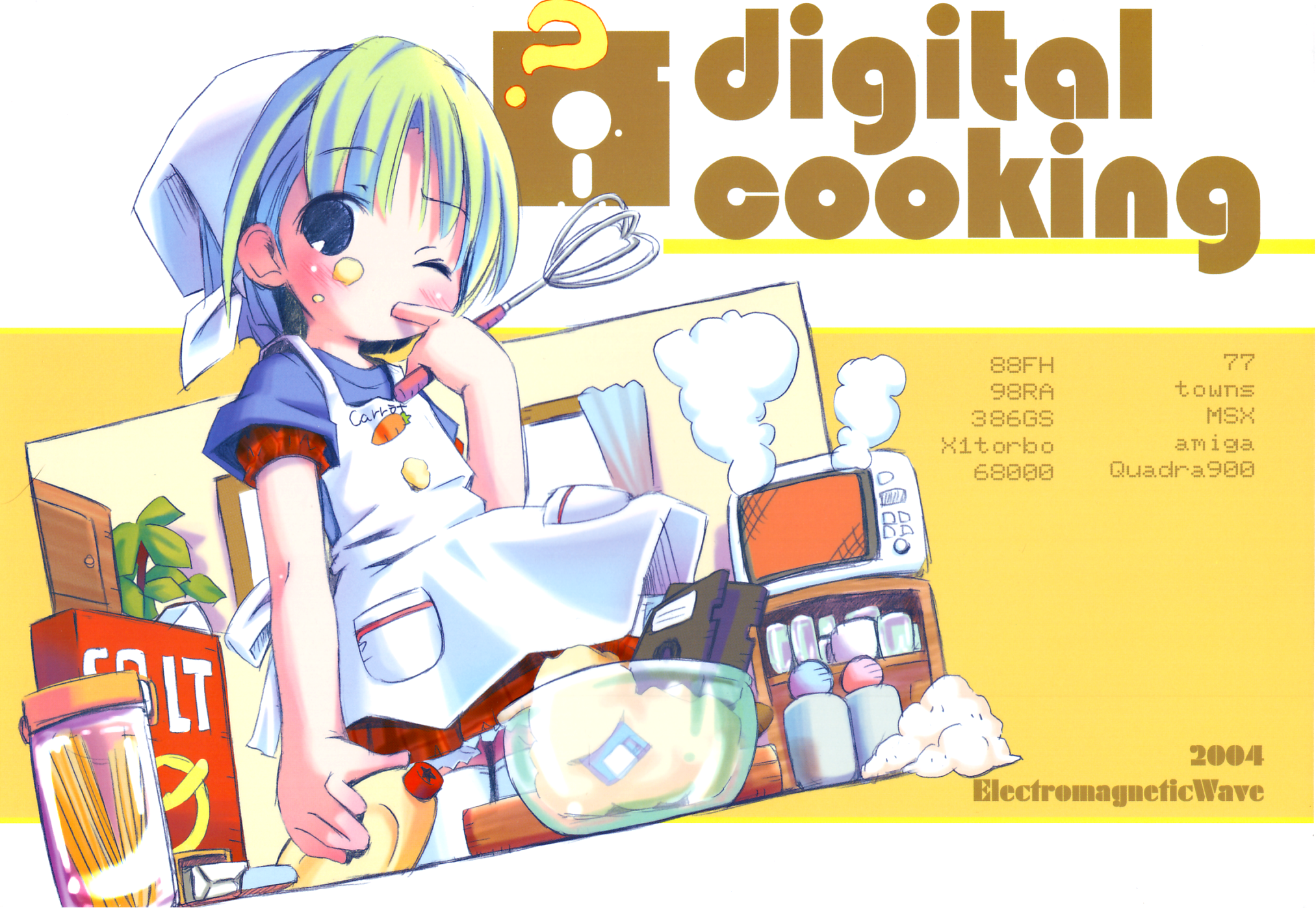 pop, eyebrows, highres, 00s, 1girl, 2004, ?, blush, cooking, female focus, floppy disk, food, one eye closed, short hair, skirt, solo, thighhighs