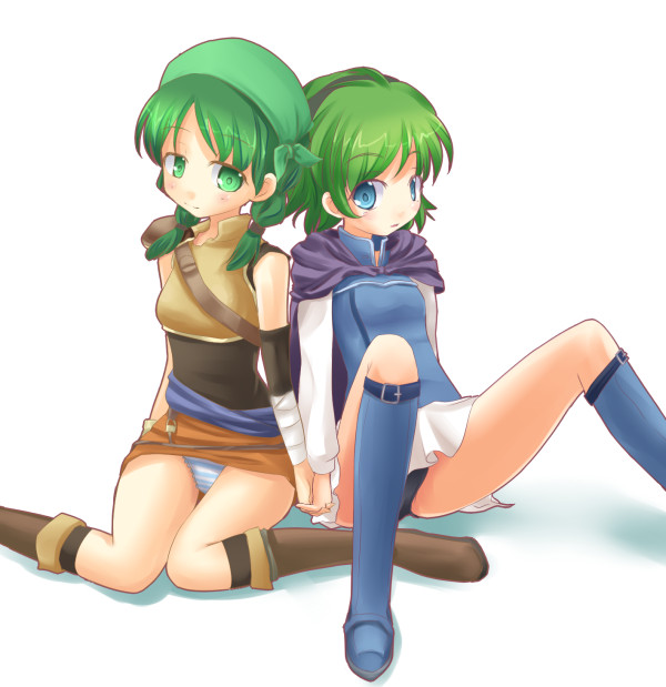 nino (fire emblem), rebecca (fire emblem), fire emblem, fire emblem: the blazing blade, nintendo, blue footwear, 2girls, bandana, black panties, blue eyes, blush, boots, braid, green eyes, green hair, hair over shoulder, hairband, holding hands, multiple girls, panties, pantyshot, pencil skirt, short hair, sitting, skirt, striped clothes, striped panties, twin braids, twintails, underwear, yuri