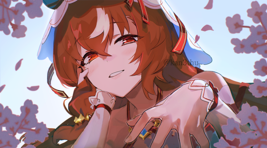 me (mikannu), still in love (umamusume), umamusume, commentary request, 1girl, animal ears, brown hair, ear covers, flower, horse ears, horse girl, multicolored hair, red eyes, smile, solo, streaked hair, upper body, veil, white sleeves, white veil