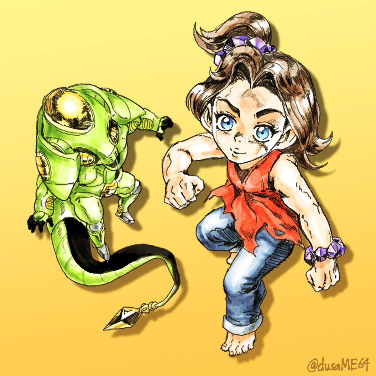 dusa, echoes (stand), pauline (mario), pauline (young) (mario), diamond wa kudakenai, donkey kong (series), donkey kong bananza, jojo no kimyou na bouken, nintendo, highres, 1girl, araki hirohiko (style), barefoot, blue eyes, brown hair, crossover, echoes act2, looking at viewer, shirt, sleeveless, sleeveless shirt, stand (jojo), twitter username, yellow background