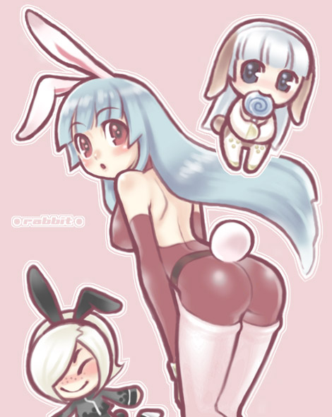animal ears, ass, blush, breasts, dog ears, fake animal ears, long hair, playboy bunny, rabbit ears, short hair, tail