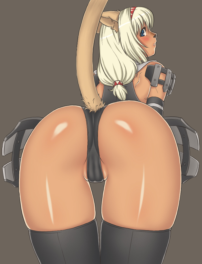 gochou (kedama), mithra (ff11), final fantasy, final fantasy xi, bad id, bad pixiv id, 00s, 1girl, animal ears, armor, ass, bare shoulders, bent over, blonde hair, blue eyes, blush, cameltoe, cat ears, cat girl, cat tail, cleft of venus, detached sleeves, female focus, hairband, long hair, looking back, panties, pussy, shiny skin, skindentation, skirt, solo, tail, thigh gap, thighhighs, thighs, underwear, upskirt