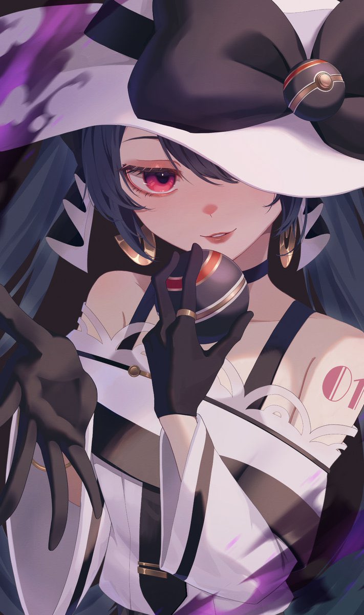 amanegi toro, dark miku (project voltage), hatsune miku, nintendo, pokemon, project voltage, vocaloid, commentary request, highres, 1girl, black choker, bow, bracelet, choker, collarbone, earrings, eyelashes, gloves, hands up, hat, hat bow, holding, holding poke ball, jewelry, long hair, luxury ball, off shoulder, parted lips, pink eyes, poke ball, ring, shoulder tattoo, smile, solo, sun hat, tattoo, twintails, white hat