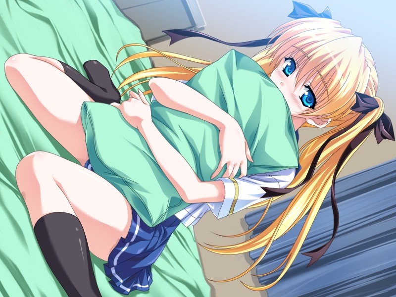 blush, long hair, pillow, school uniform, serafuku, skirt, twintails