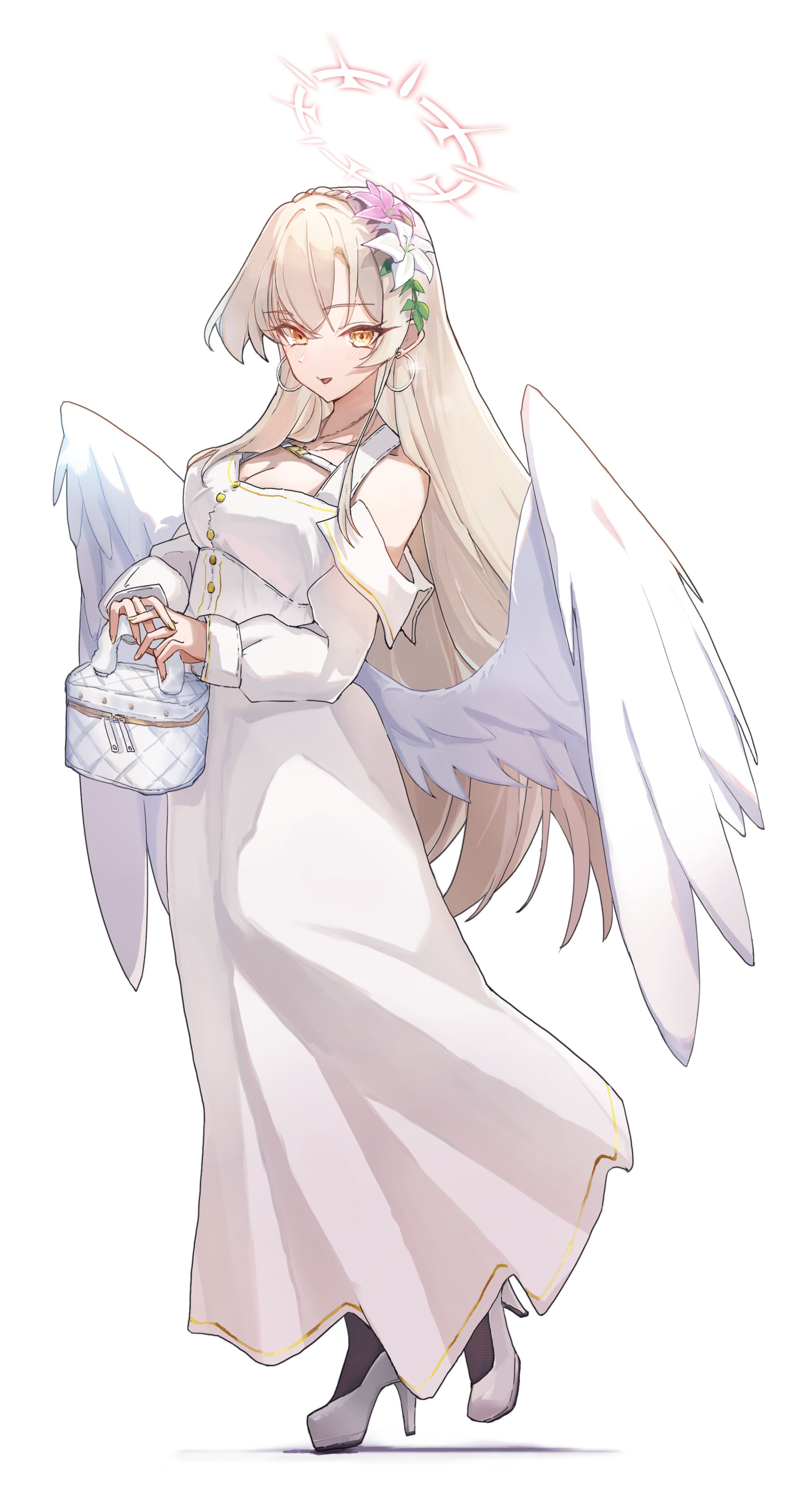 chuansuyushan, nagisa (blue archive), blue archive, absurdres, highres, 1girl, alternate costume, angel wings, bag, breasts, cleavage, feathered wings, full body, halo, low wings, pink halo, simple background, solo, white background, white wings, wings