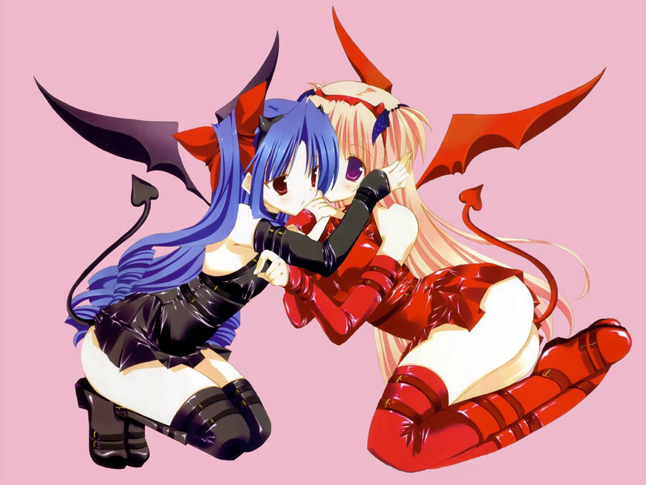 houjou reika, tsukimura mayu, goshuushou-sama ninomiya-kun, 00s, ass, blue hair, blush, boots, bow, elbow gloves, flat chest, gloves, long hair, pink hair, red eyes, skirt, tail, thigh boots, thighhighs, wings