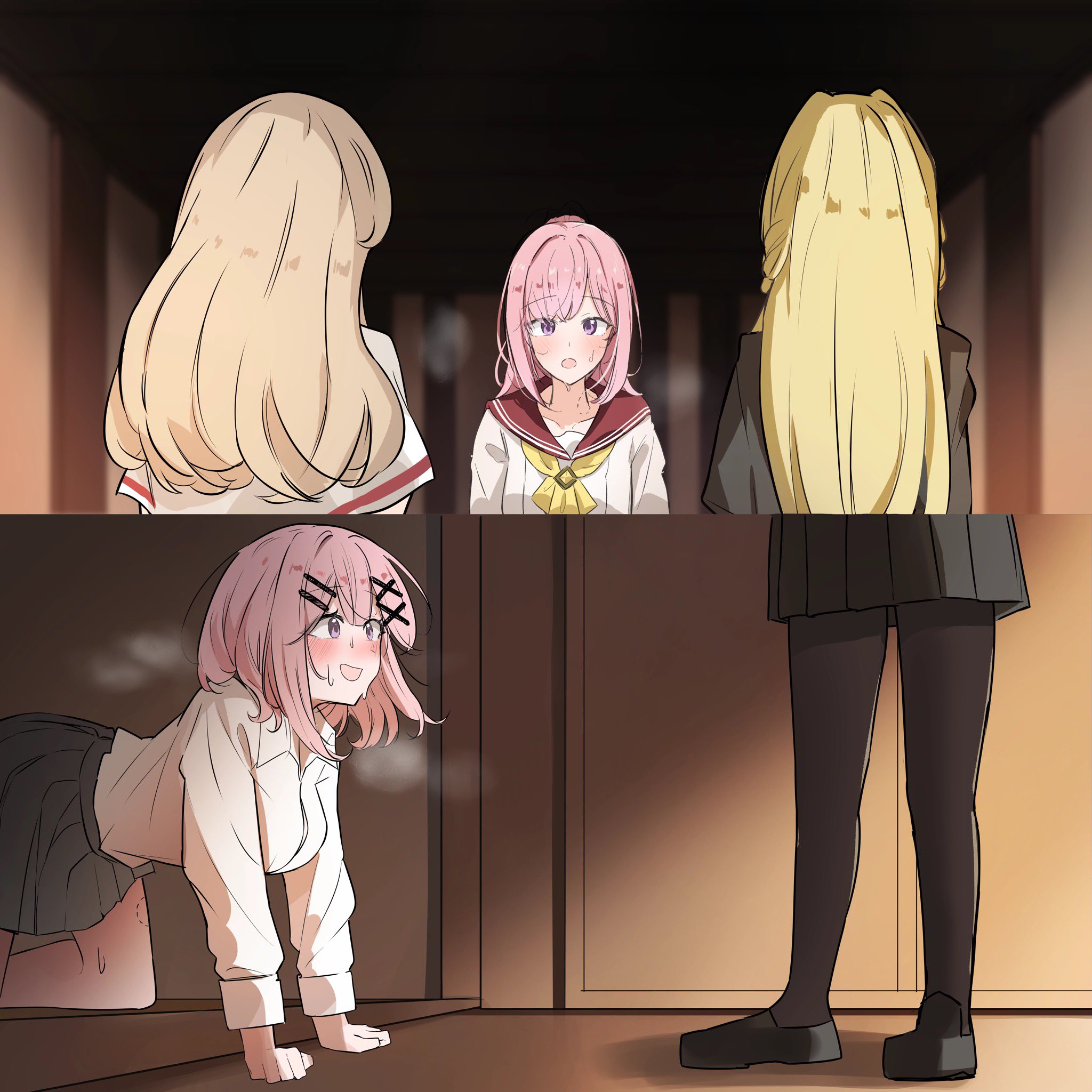 amaori haruna, amaori renako, ouzuka mai, sena ajisai, watashi ga koibito ni nareru wake naijan murimuri!, yosuga no sora, highres, 4girls, all fours, ashigaya high school uniform, bite mark, black pantyhose, black shoes, blonde hair, brown hair, from behind, implied incest, jay jay1519, long sleeves, looking at another, meme, multiple girls, open mouth, pantyhose, pink hair, red sailor collar, sailor collar, school uniform, shirt, shoes, siblings, sisters, skirt, sweat, white shirt, yosuga no sora door scene (meme)